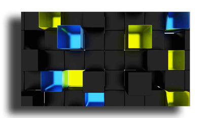 Cubo acrilico abstracto en negro, amarillo y azul